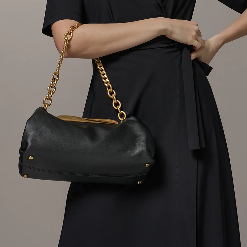 Gathered Lamb Leather Magnetic Bar Chain Strap Bag